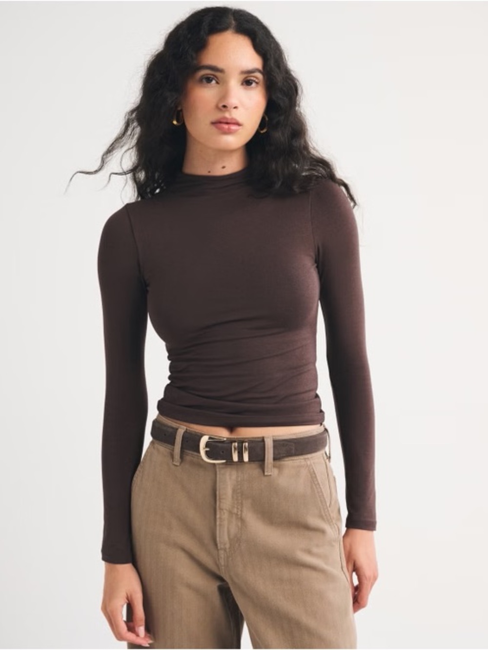 Abercrombie Women's Soft Matte Seamless Long-Sleeve Cropped Mockneck in Brown